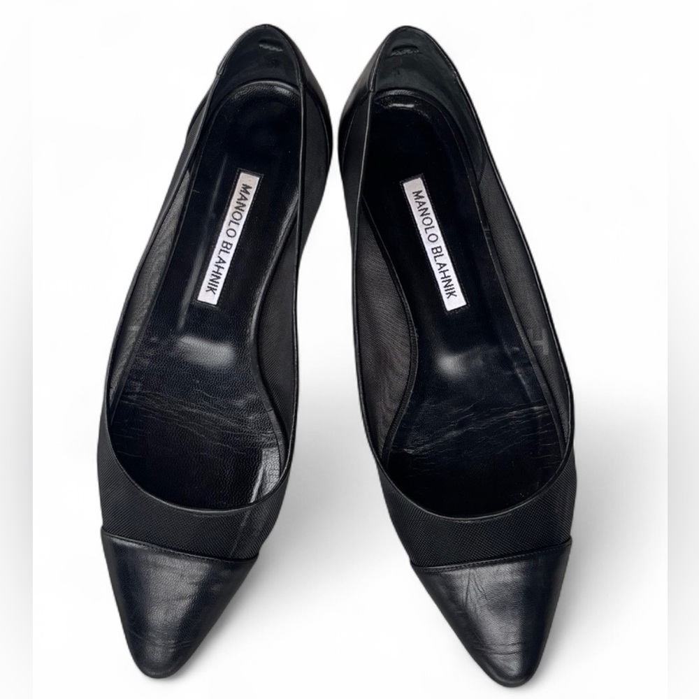 Manolo Blahnik Black Leather and Mesh Flats